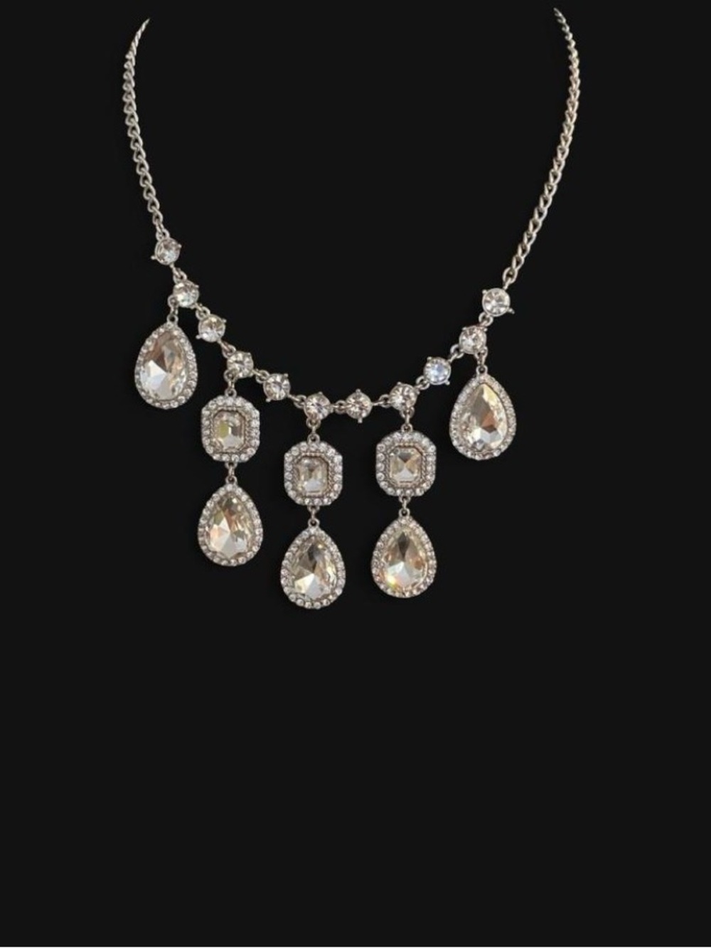 Clear Crystal Teardrop Statement Necklace - Silver Tone - Picture 5 of 5